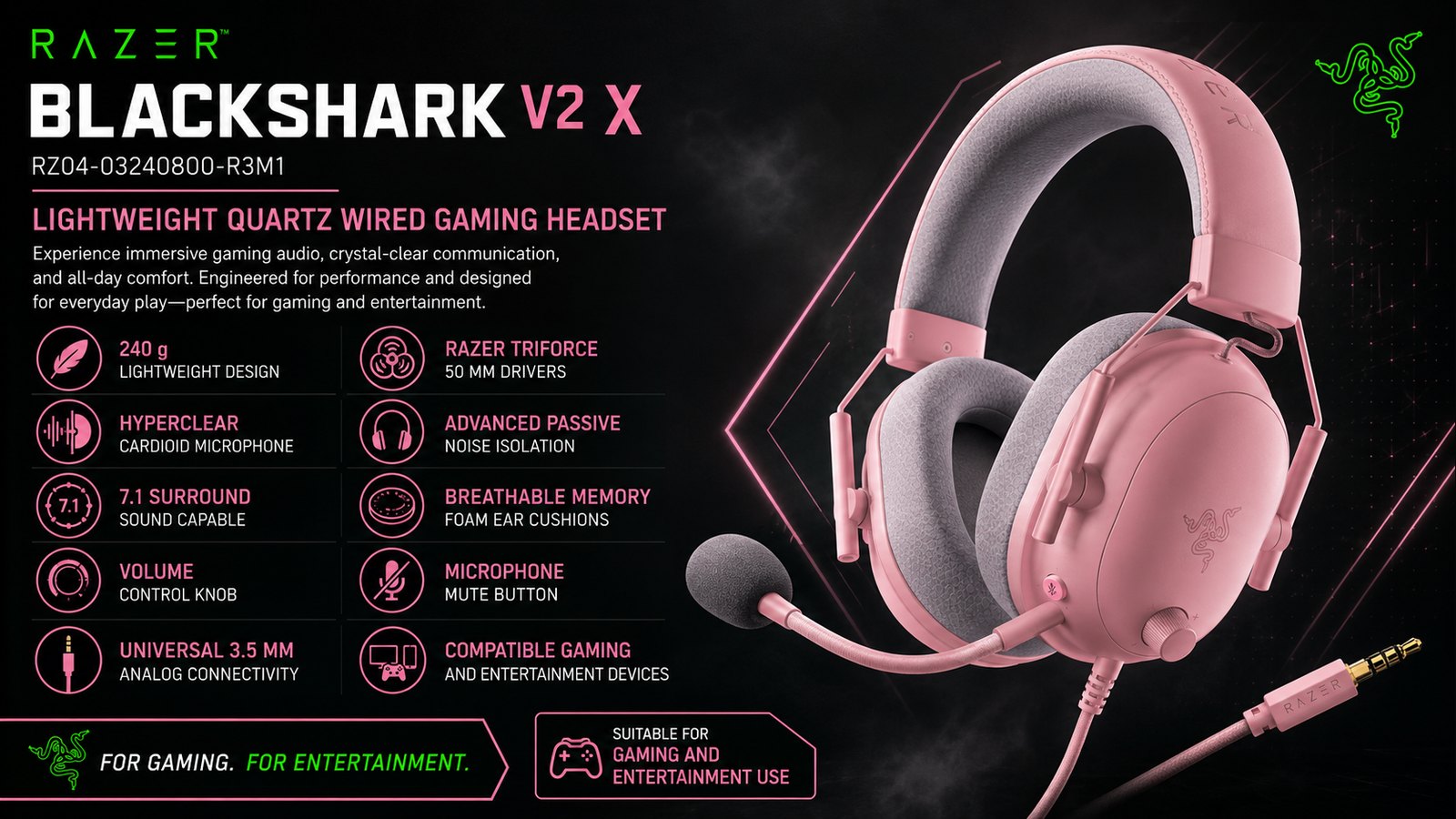 Razer BlackShark V2 X Gaming Headset, Quartz Pink, TriForce 50mm Drivers, HyperClear Cardioid Mic, 7.1 Surround Sound, 3.5mm Wired, 240g Lightweight | RZ04-03240800-R3M1
